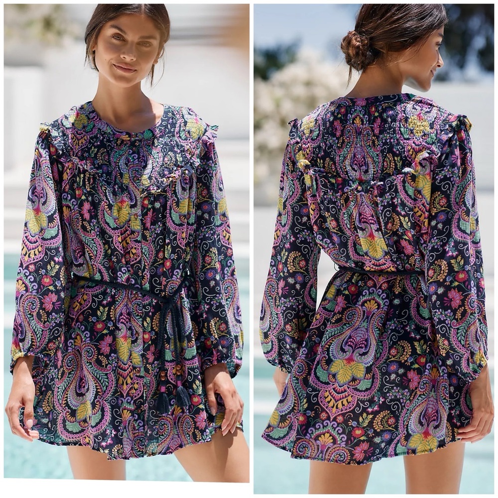 Anthropologie Vibrant Paisley Ruffle Swim Sheer Cover Up Size XS Long Sleeve